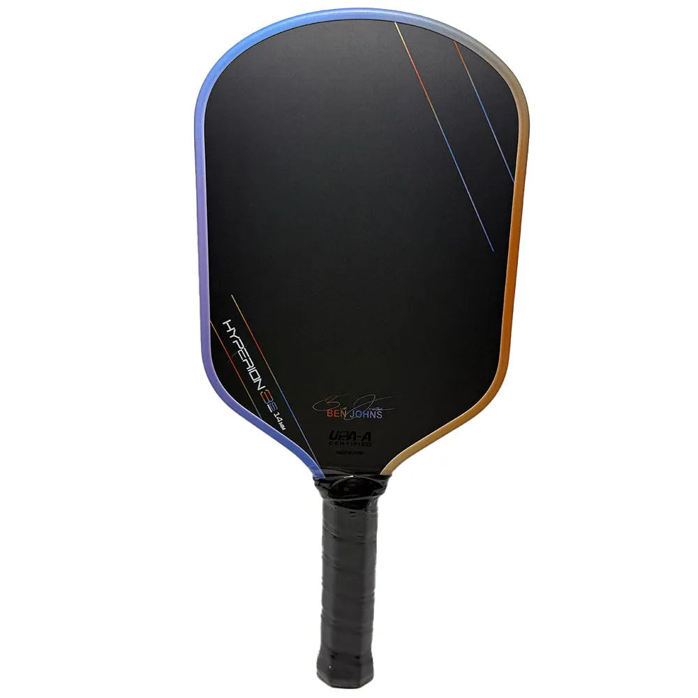 Aurora Hyperion 3s pickleball racket with multi-colour pattern on matte carbon fibre, showing full paddle dimensions.