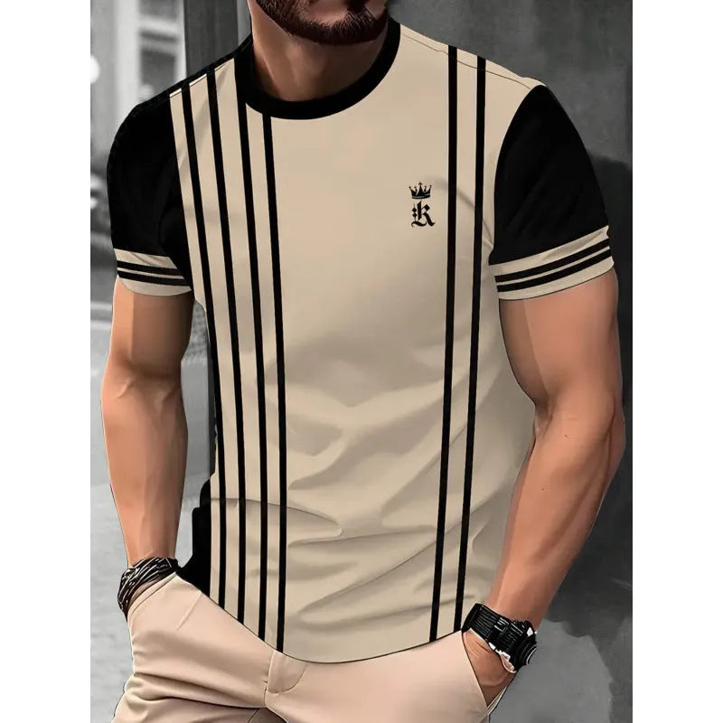 Men's loose fit short sleeve T-shirt with a striped 3D digital print design in a casual style.