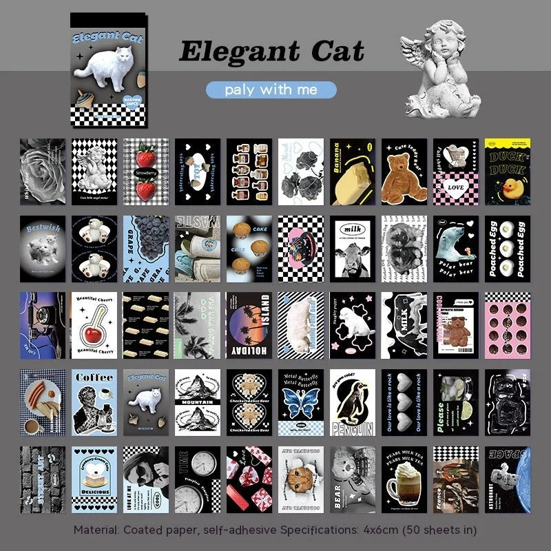 American retro cartoon sticker book with 50 sheets, each measuring 4x6cm, shown in multiple colour options.