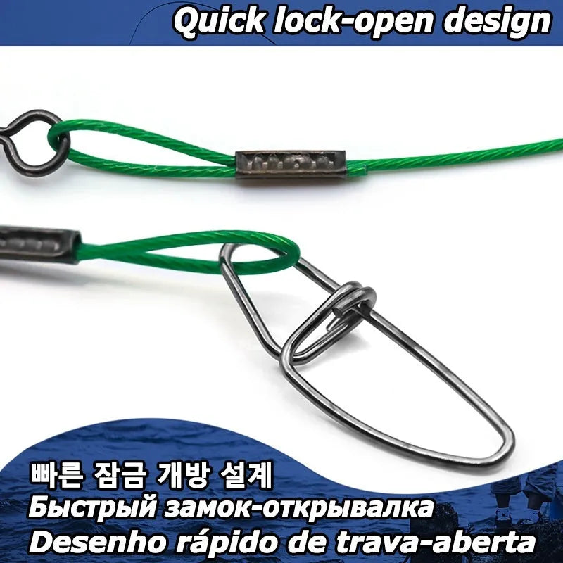 Set of 10 steel wire double buckle fishing pins showing green, black, and red colour options