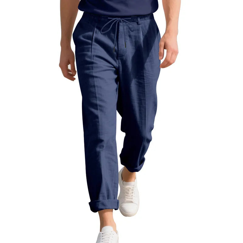 Men's linen casual trousers with drawstring waist in straight leg style for summer wear