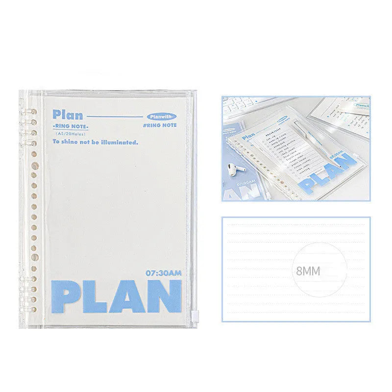 A5 size PVC spiral notebook in blue or white with a loose wire binding.