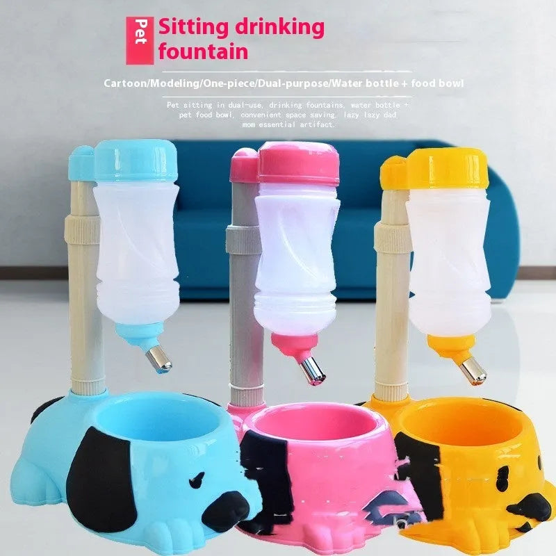 Adjustable rod-lifting plastic pet drinking bowl in blue, shown at an angle to display height mechanism.
