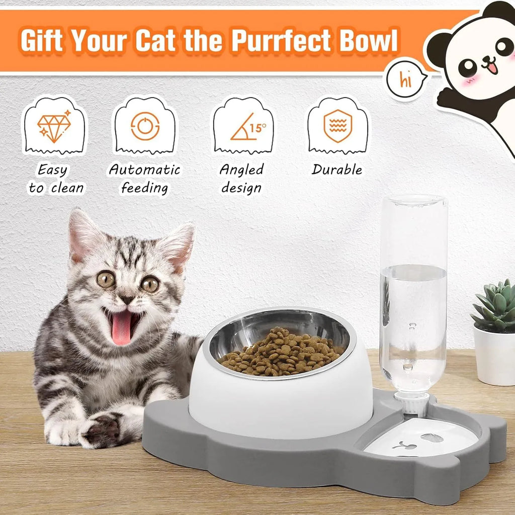 Grey and green panda-shaped elevated pet feeder with automatic water bottle and two tilted stainless steel bowls.