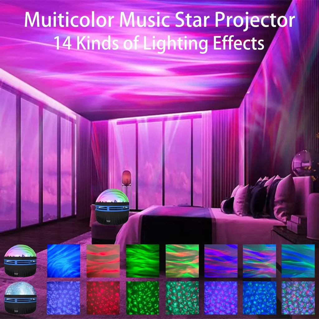 LED rotating magic ball galaxy projector lamp with remote control on a bedside table.