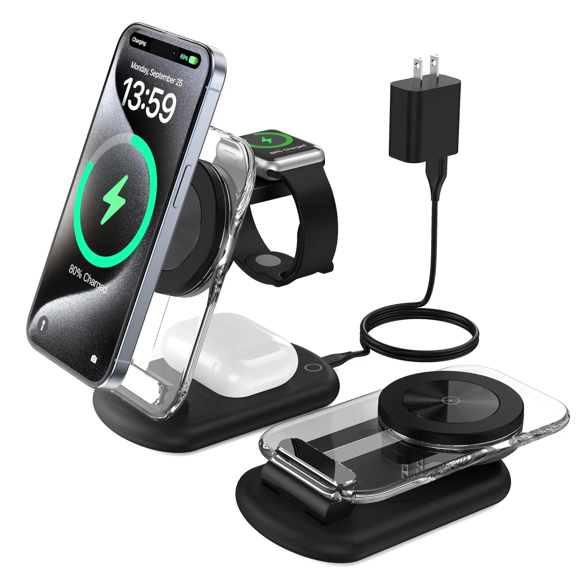 Transparent folding magnetic three-in-one wireless charger in black or white with QC3.0 fast charge