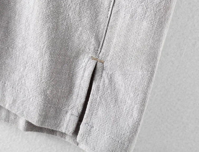 Men's loose fit cotton linen casual shirt in beige, shown on a hanger