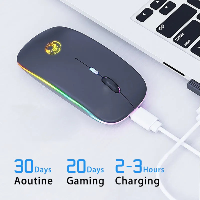 Black wireless mouse with silent buttons, Bluetooth logo, and charging port showing blue illumination