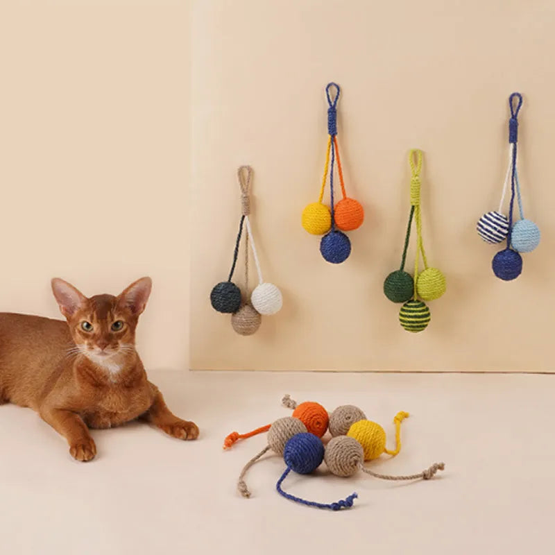 Cat toy set with blue green red yellow wand and bite-resistant catnip ball