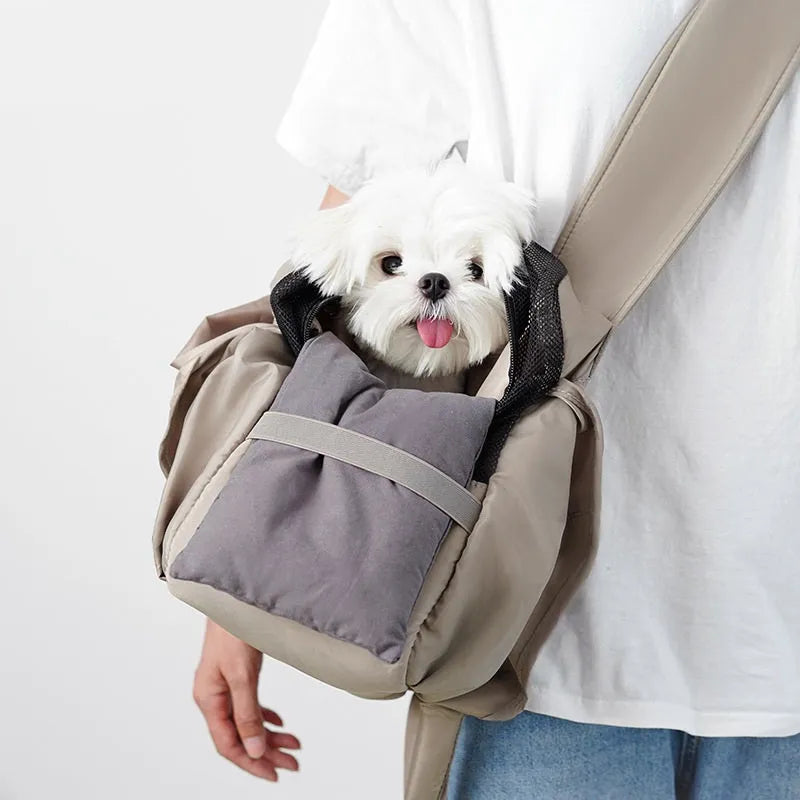 Apricot cloth pet carrier handbag showing dimensions of 41cm length by 16cm width by 28cm height