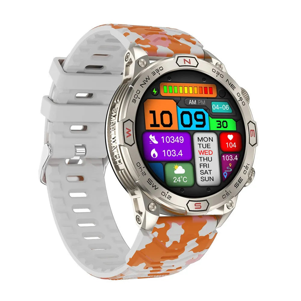 Black sports watch with 1.43-inch AMOLED screen showing weather forecast, on silicone strap