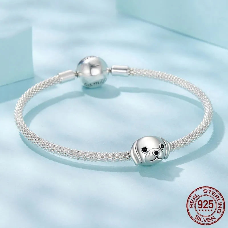 Cute golden retriever S925 sterling silver bead with dripping oil finish, 0.8x1.3cm size