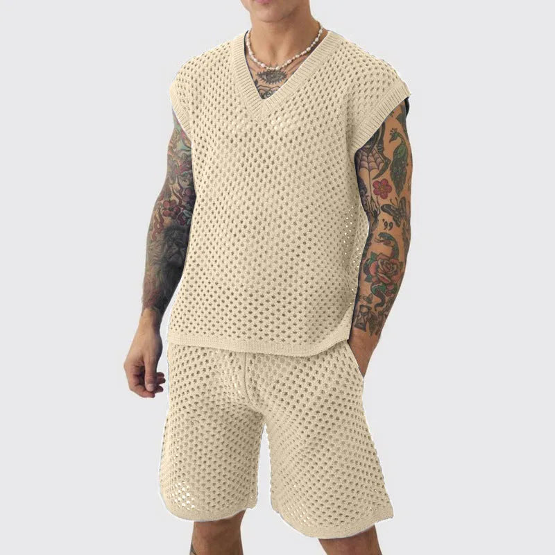 Men's blue cotton V-neck knitted vest and matching shorts set on a white background.