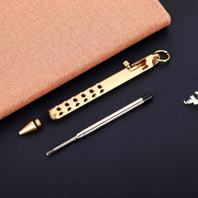 Hexagonal brass bolt action pen showing six-sided barrel and bolt mechanism