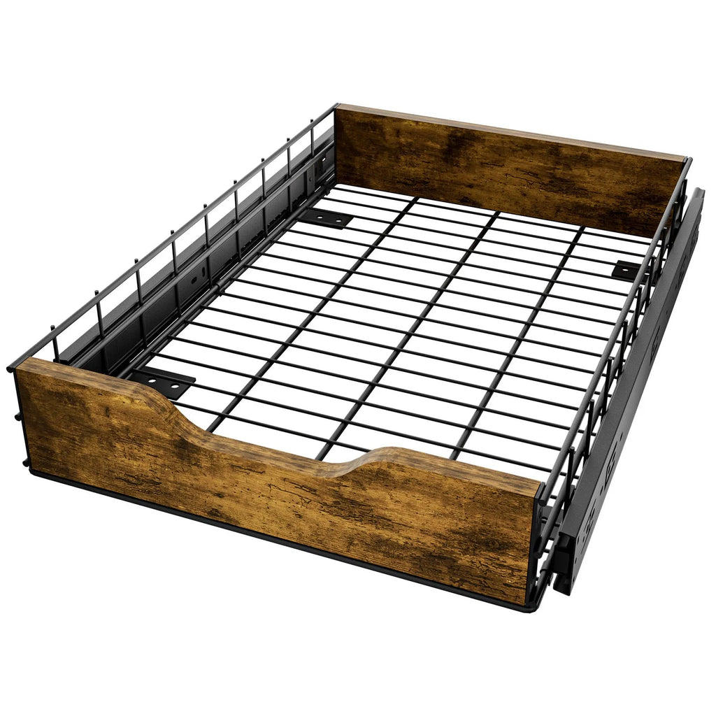 Black wood and iron storage rack with pull basket design for kitchen organisation.