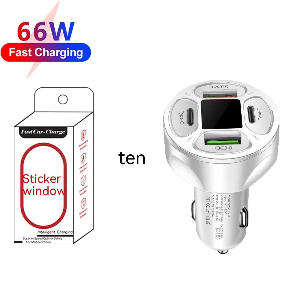 66W 2USB 2 Type-C digital display car charger in black with compact design and voltage readout