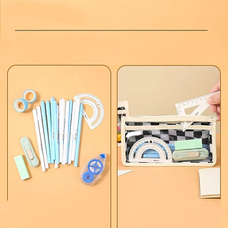 Transparent PVC pencil case with chessboard grid pattern showing pens inside, 21.5cm long