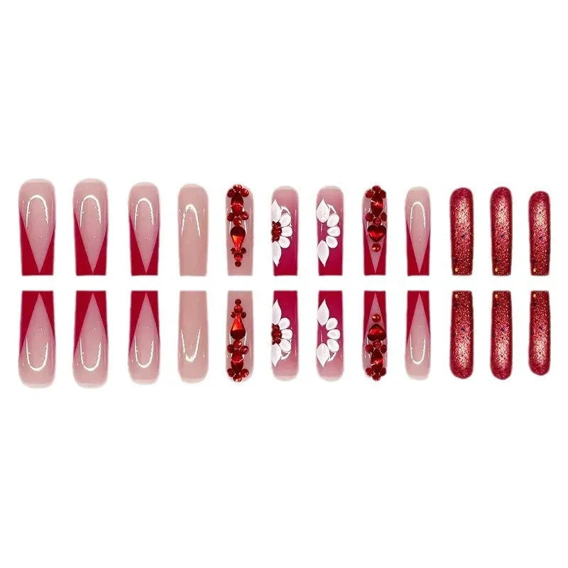 Sweet flower pattern press-on nails with red diamond decoration in European square shape