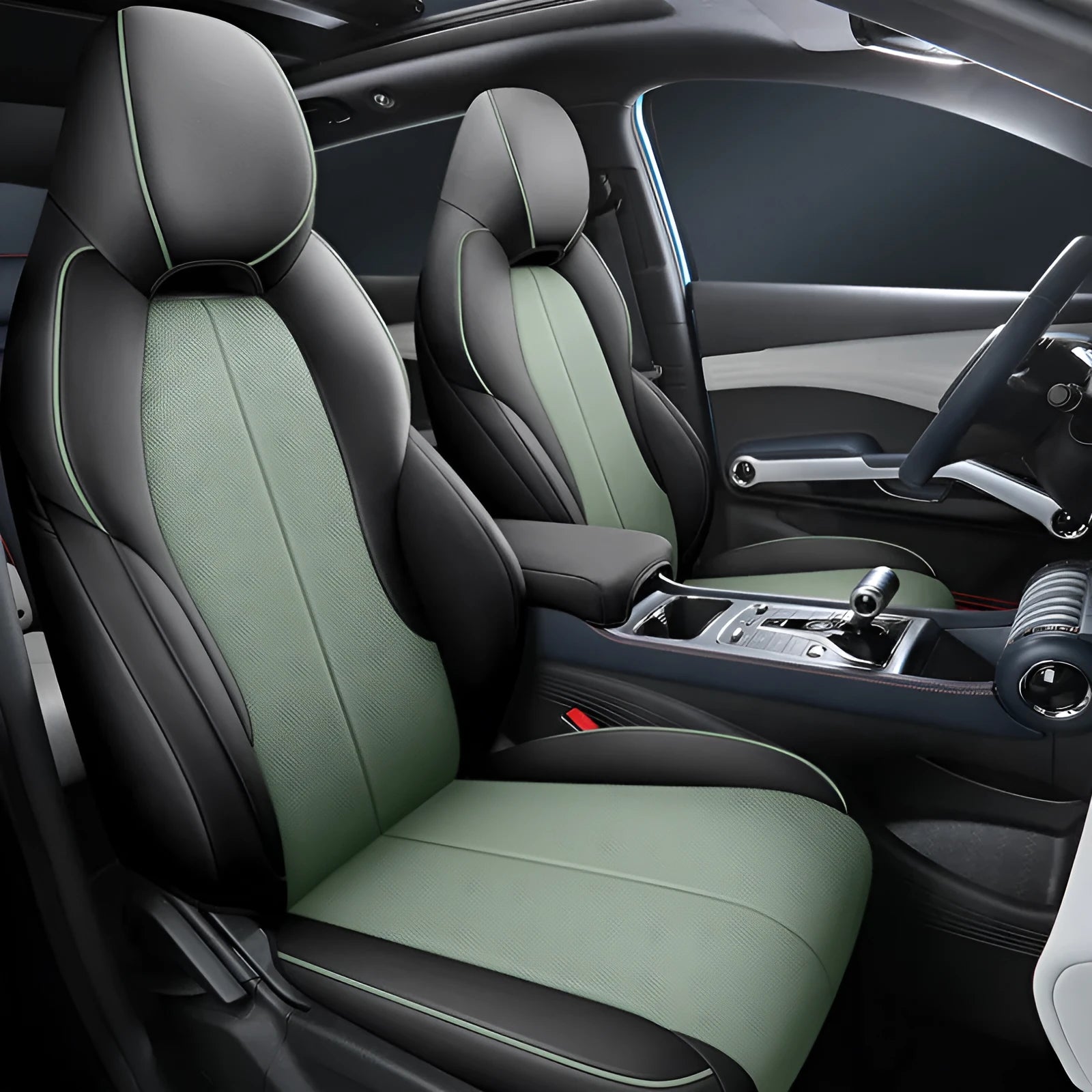 BYD Yuan PLUS car seat cushion cover shown in available colours including black, green, grey, orchid, and red.