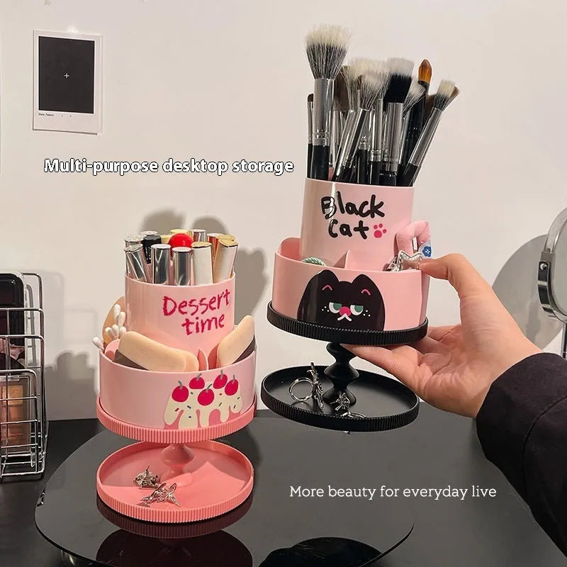 Beige rotating cosmetic brush storage barrel with internal rack, showing 18L capacity.