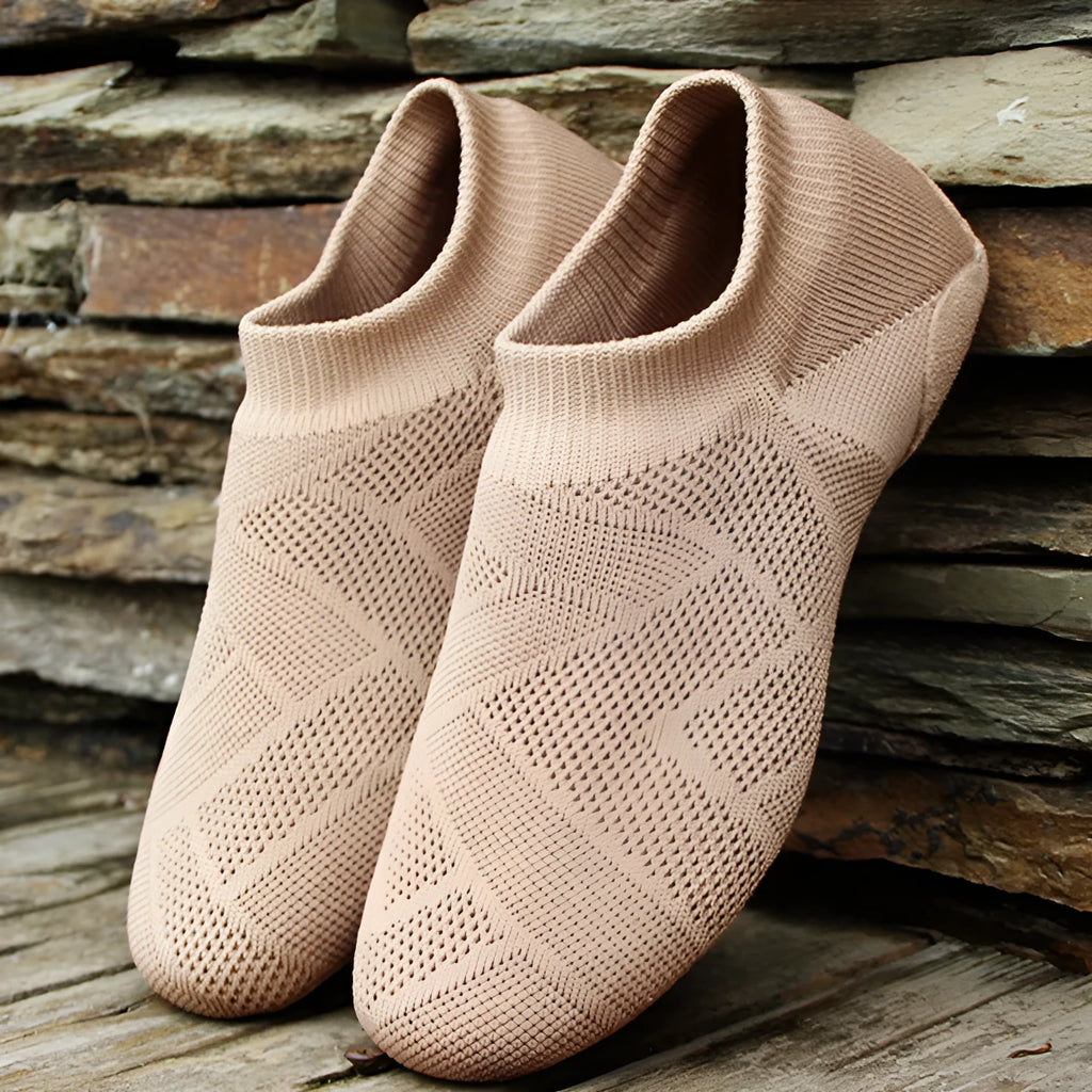 Simple solid colour unisex dance shoes with cotton mesh upper and leather sole, camel colour