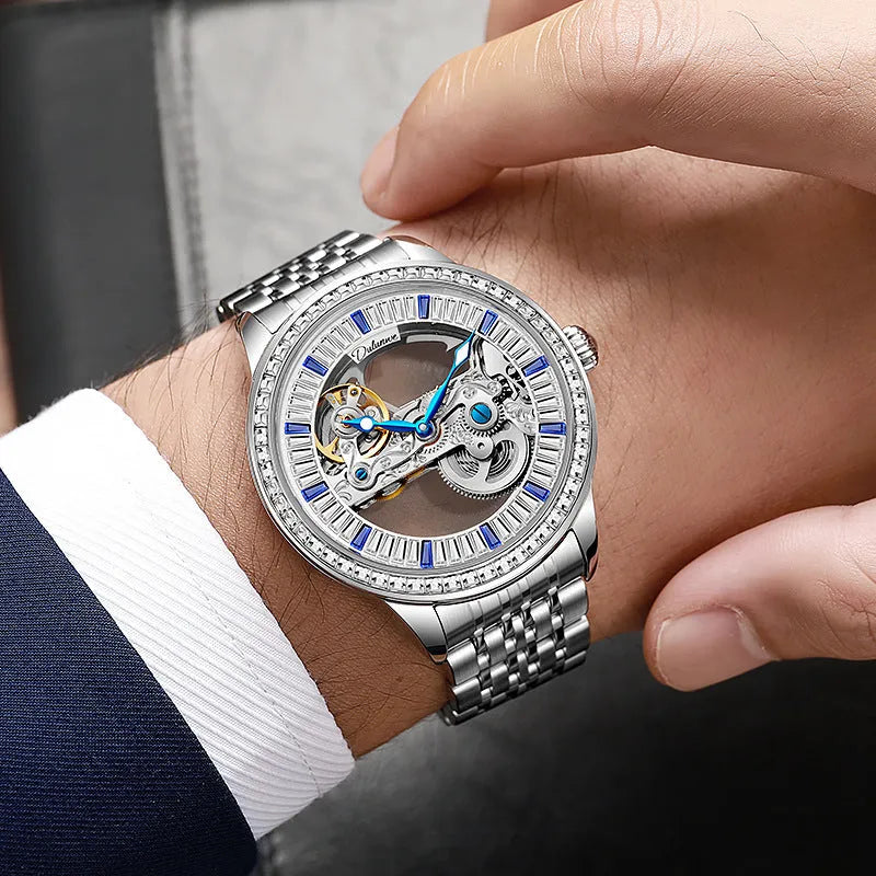 Men's mechanical business watch with transparent case back showing movement, available with leather or steel strap