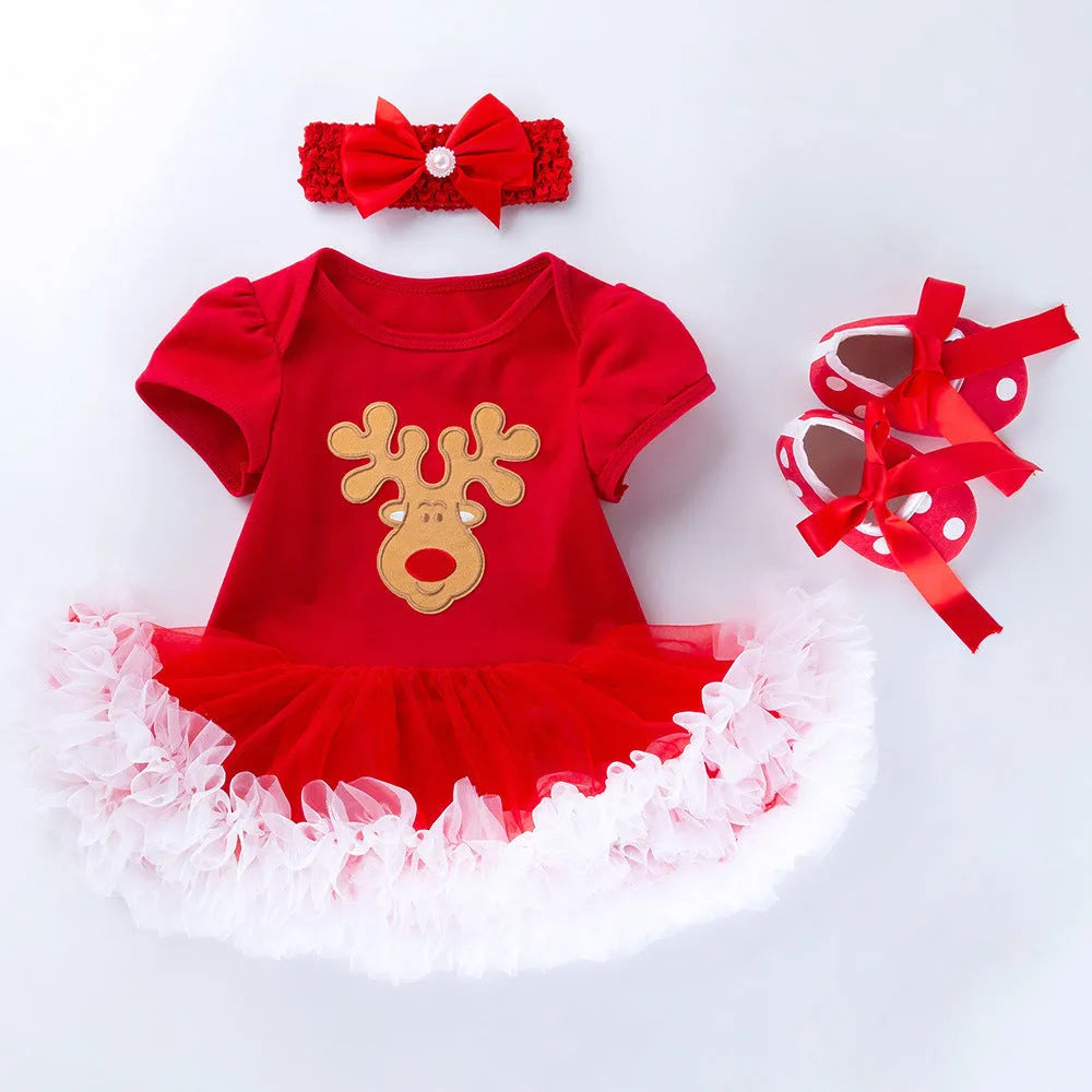 Baby girl short sleeve cartoon romper mesh dress in cotton princess style with bow