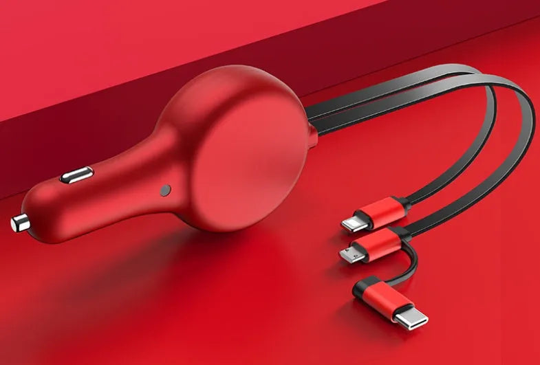 Black retractable car charger with extended cables showing QC3.0 and PD charging ports