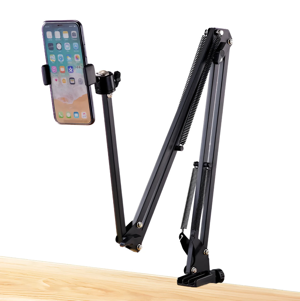 Black foldable metal cantilever bracket holding a tablet on a desktop