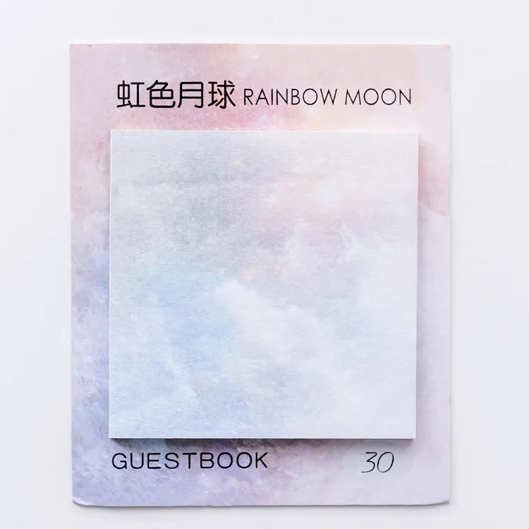 Square planet sticky notes pad with 7.3cm dimensions showing oil painting artwork of Earth, Mars, and moon designs