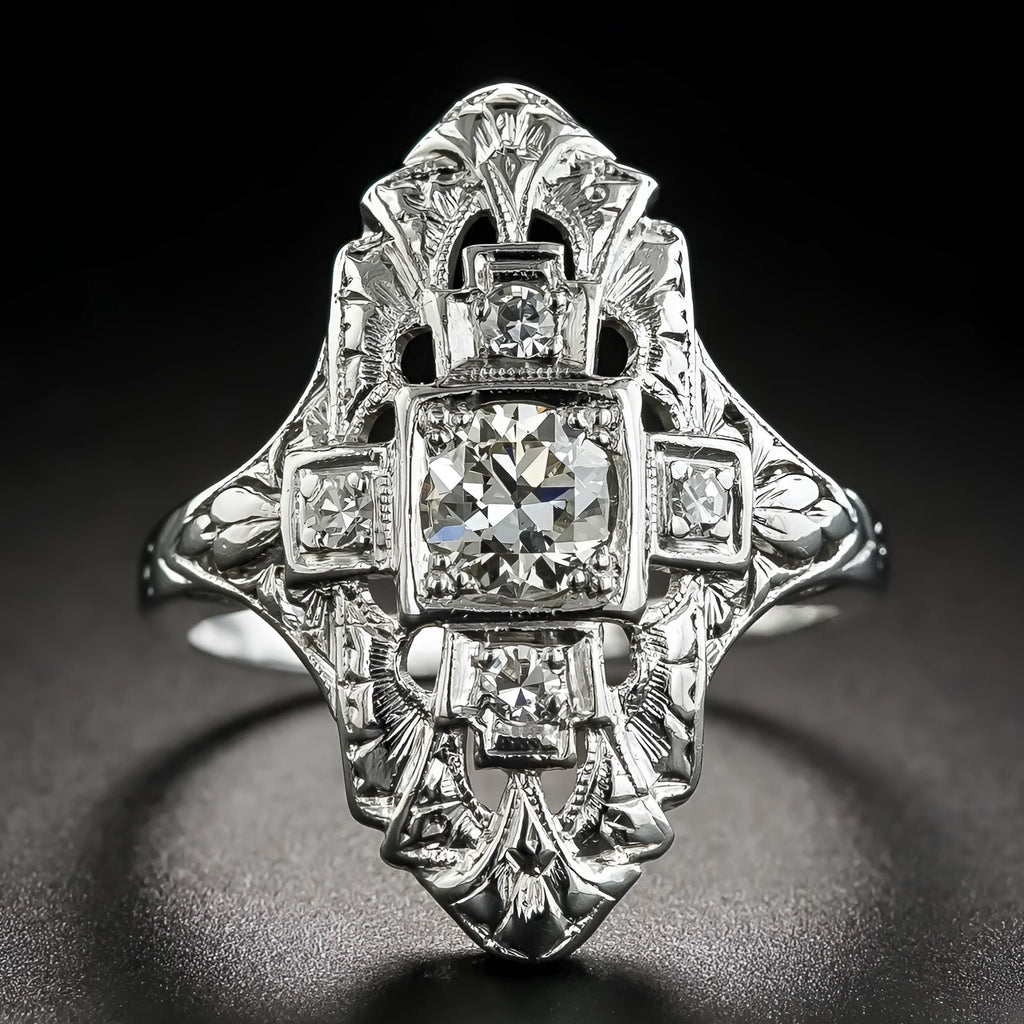 Geometric hollow-out copper ring with silver electroplated finish and diamond stud accents
