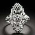 Geometric hollow-out copper ring with silver electroplated finish and diamond stud accents