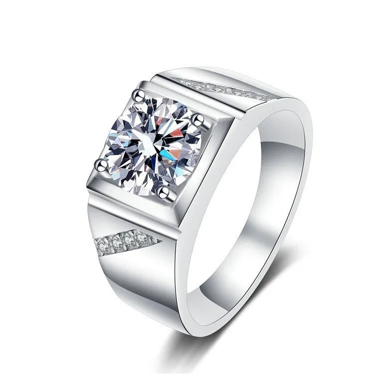 Men's large square diamond ring with adjustable band in gold or platinum finish.