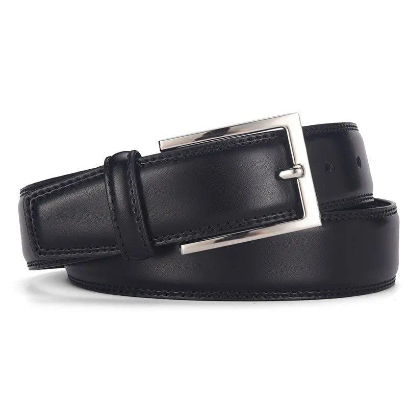 Men's black genuine leather belt with a silver alloy pin buckle on a trouser waistband