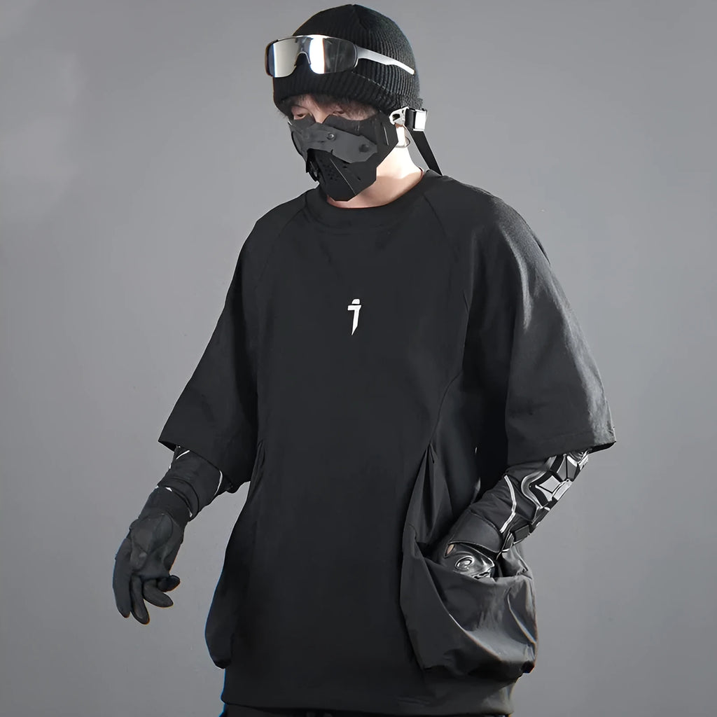 Men's loose fit cotton T-shirt with big pockets round neck short sleeves in black