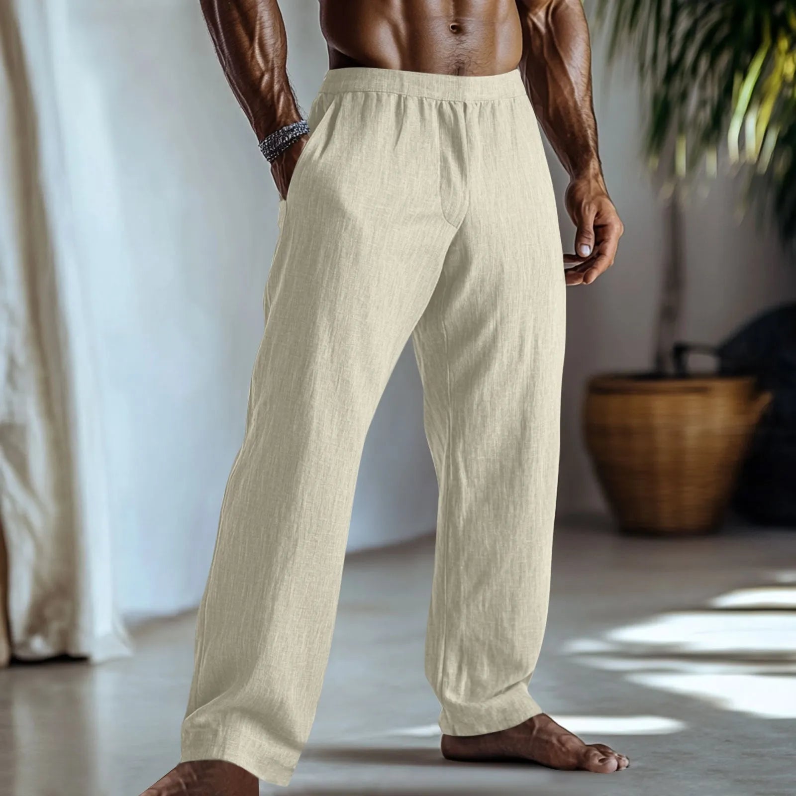 Cotton and linen straight leg casual trousers with pockets in various colour options