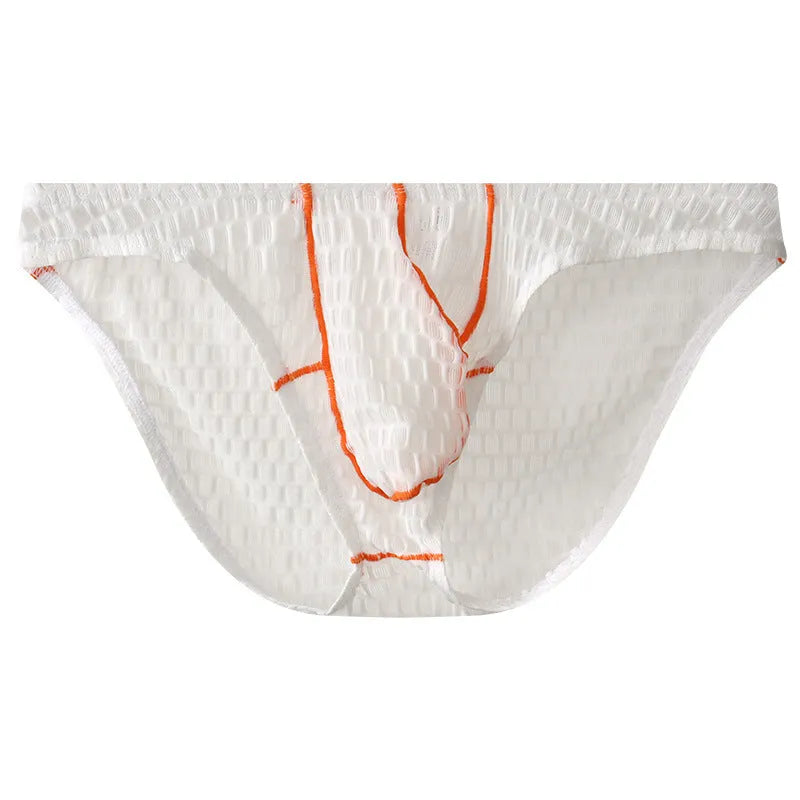 Men's low waist lace briefs in ice silk fabric on a colour swatch showing white, black, green, red, and purple.