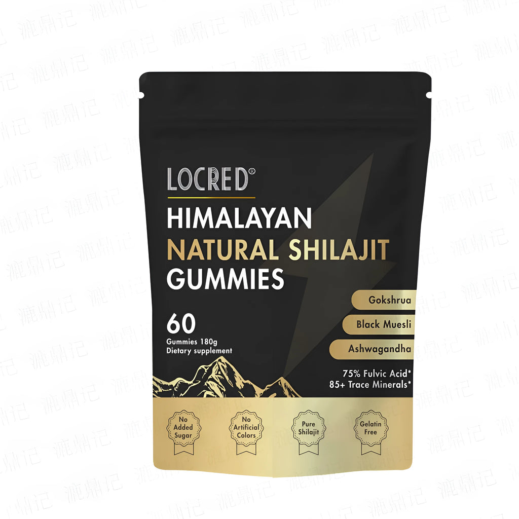 Pouch of vegan shilajit gummies with fulvic acid and trace minerals, 60 count, natural berry flavour