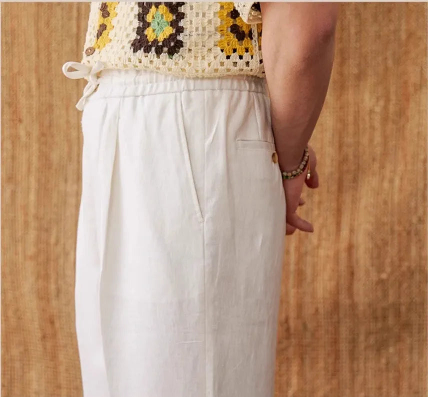 Women's linen trousers with elastic waist in straight-leg high-waist design, navy blue colour