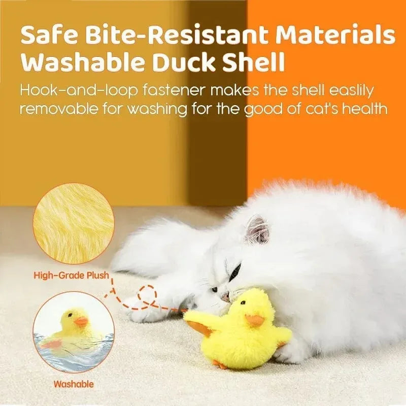 Yellow flapping duck cat toy with USB charging cable for interactive play