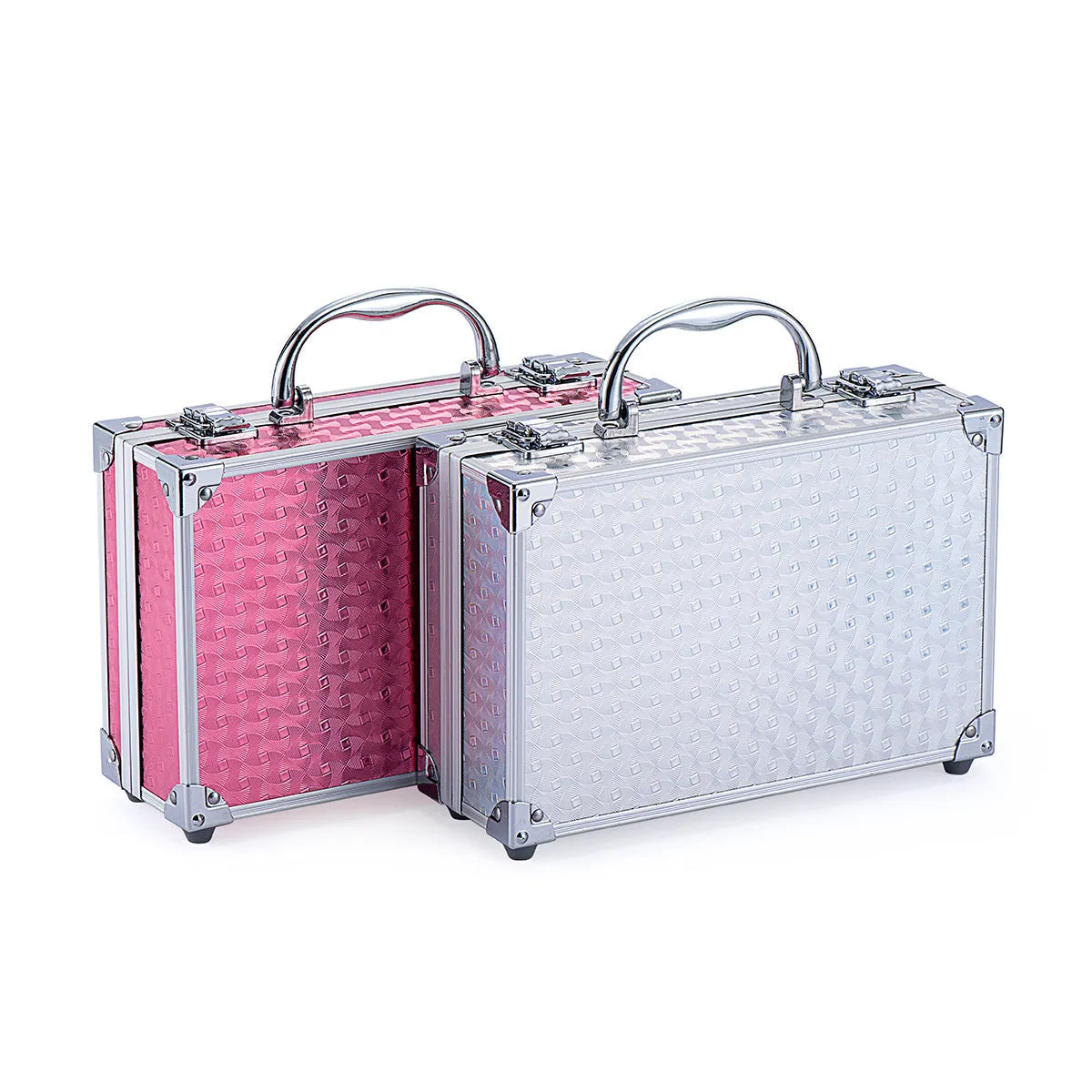 Creative Colorful Eyeshadow Lipstick Cosmetics Set in pink and silver, including lipstick, eyeshadow, and brush in a compact case