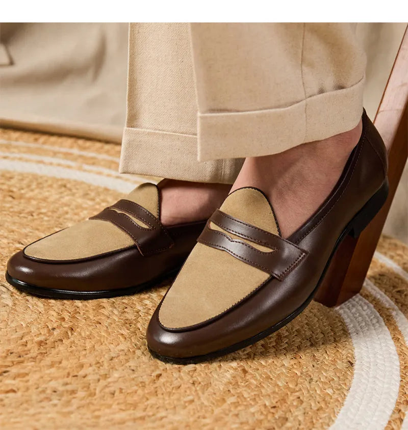 Coffee grey suede leather British-style slip-on loafers with rubber sole