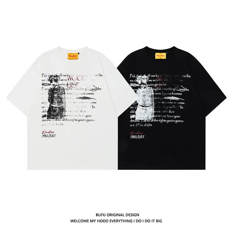 Men's black loose fit cotton t-shirt with white letter print and raglan sleeves