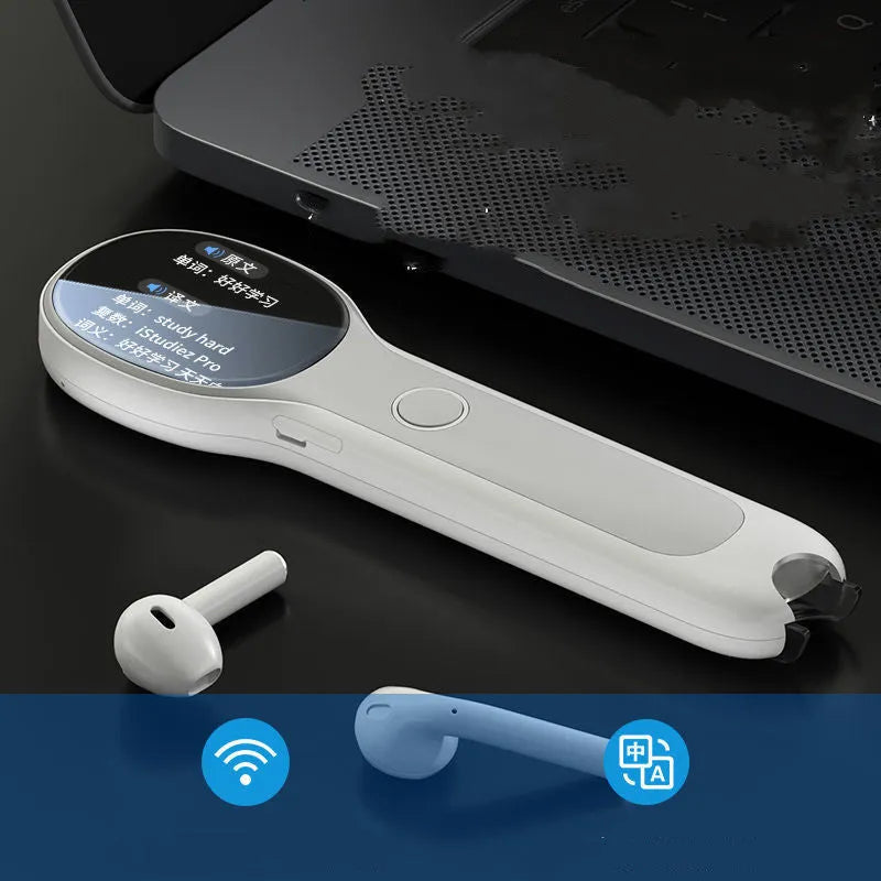 White universal reading pen with translation for English language learning beside compatible books