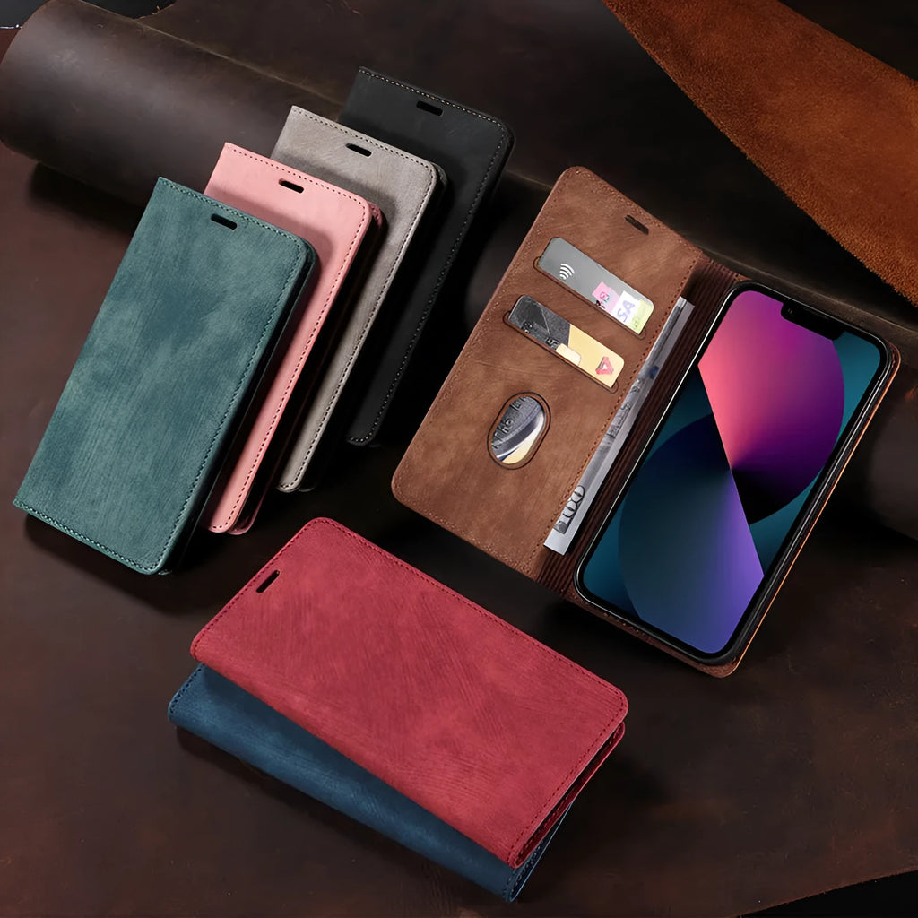 Magnetic flip phone case for iPhone in solid colour options showing TPU and leather construction