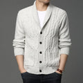 Men's Korean style jacquard patterned knit cardigan jacket on a hanger showing straight fit and textured fabric.