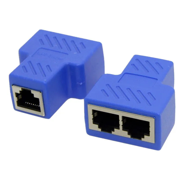 Two white RJ45 network cable splitter adapters showing one input and two output ports.