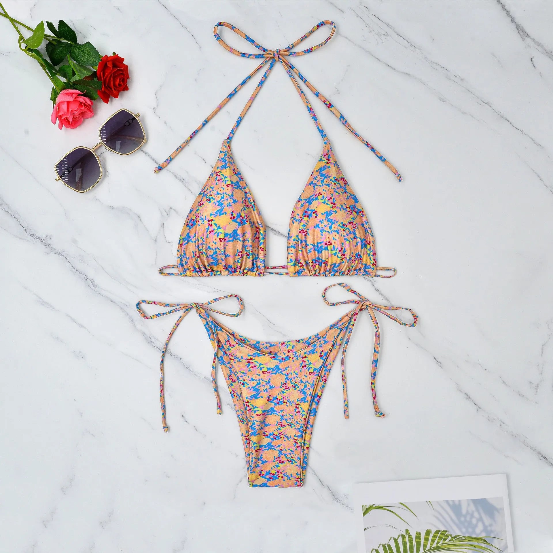 Lace-up bikini swimsuit with European American brief style and polyester fabric construction