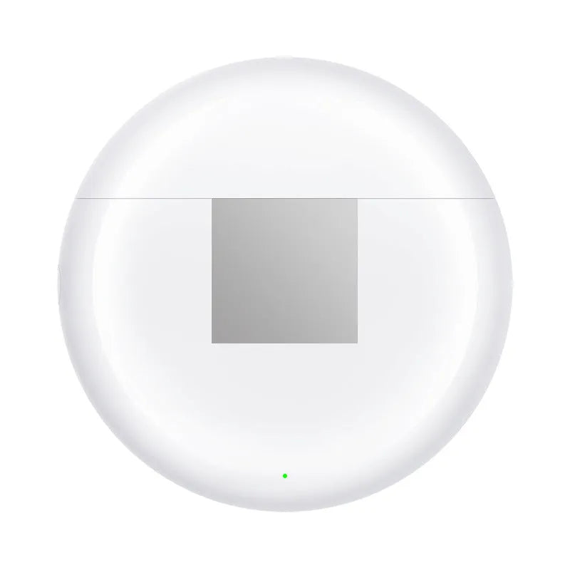 White Budz5 semi-in-ear wireless Bluetooth headphones with charging case on a white background