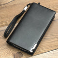 Men's black PU leather multifunctional zipper wallet open to show compartments